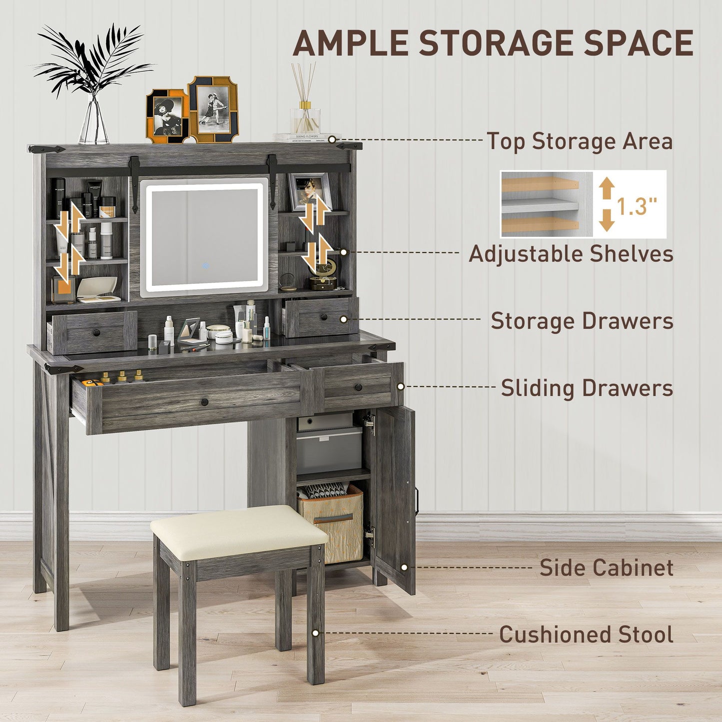 HOMCOM Vanity Desk Set with Mirror and Lights, featuring shelves, drawers, cabinet, and cushioned stool for organized makeup storage.