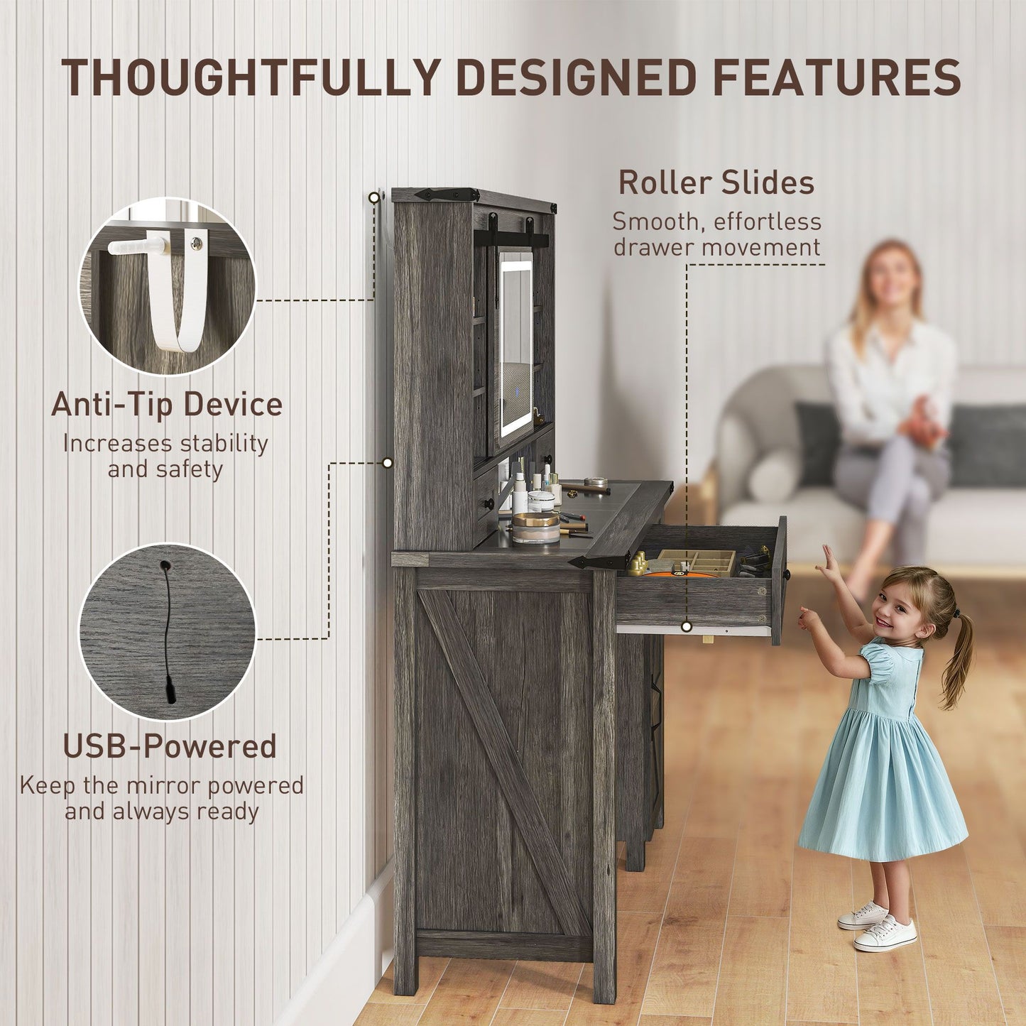 HOMCOM Gray Vanity Desk with Mirror, tri-color LED lights, anti-tip device, USB-powered; ideal for organized makeup storage.