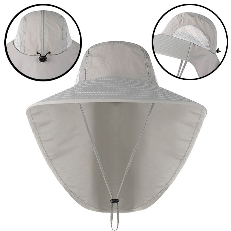 Outdoor fisherman hat with wide brim and neck flap for UV protection, breathable quick-drying fabric, ideal for fishing and safaris.