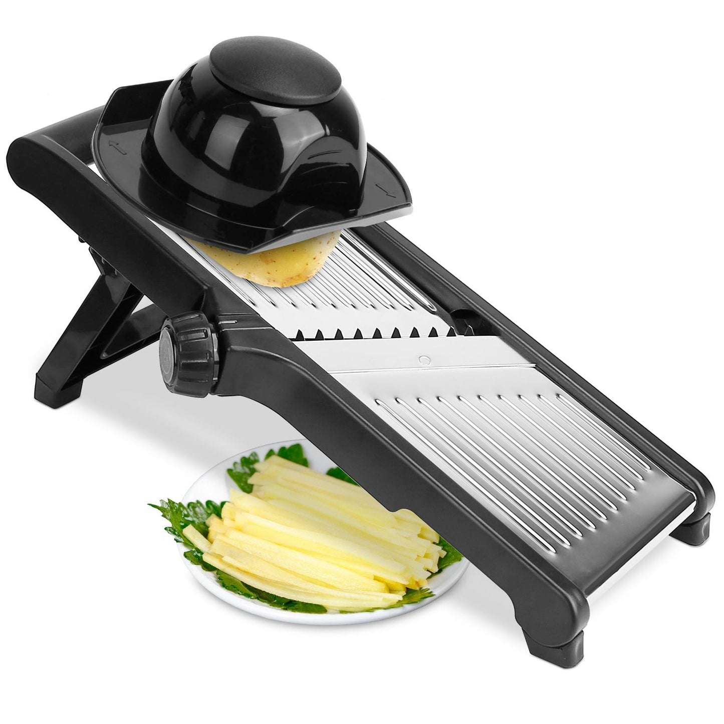 Mandoline food slicer with adjustable stainless steel blades slicing yellow potatoes onto a plate, includes safety holder.