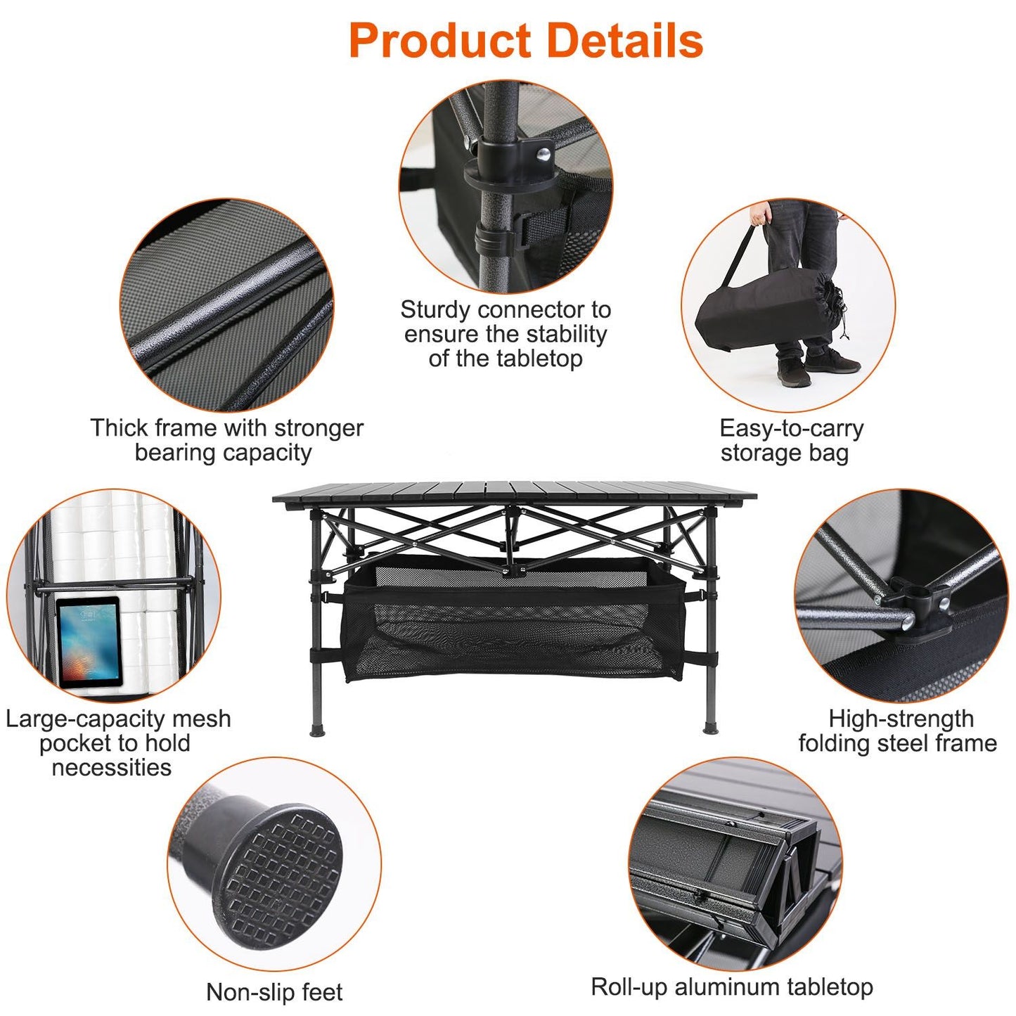 Folding camping table with aluminum roll-up top, collapsible frame, storage mesh, and carrying bag. Features easy assembly and heavy-duty design.