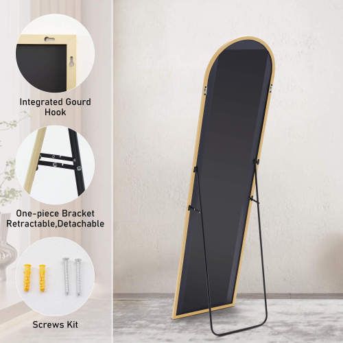 Floor Standing Mirror with Aluminum Alloy Frame, 21''x64'' full length, featuring integrated gourd hook, retractable bracket, and screws kit.