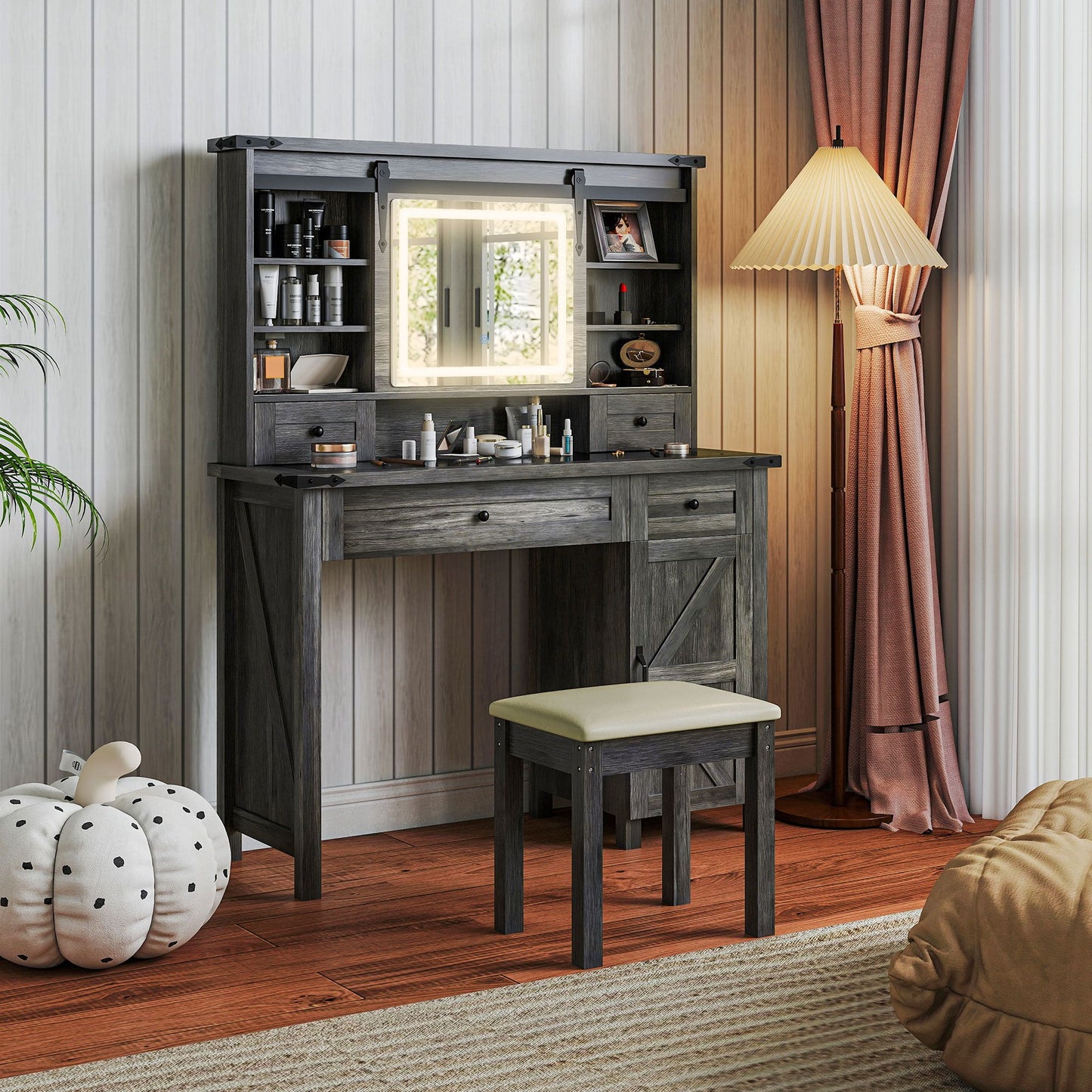 HOMCOM Vanity Desk Set in Gray with LED Mirror, cushioned stool, and multiple storage options for bedroom elegance and organization.