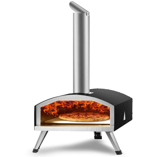 VEVOR Outdoor Oven, 12-inch pellet & charcoal fired pizza maker, stainless steel, with pizza stone & waterproof cover, for camping.