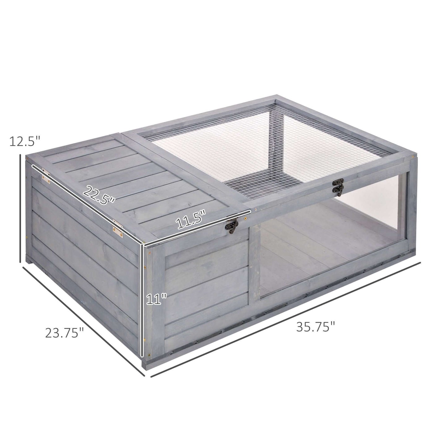 Wooden Tortoise House Indoor Turtle Habitat Enclosure Outdoor Reptile Cage for Lizards, Geckos, Gray with dimensions shown.