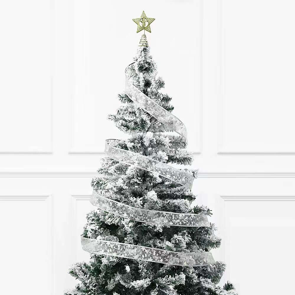 Snow-covered Christmas tree wrapped with Christmas Glowing Ribbon Led Light String in gold, featuring a star topper for festive decor.