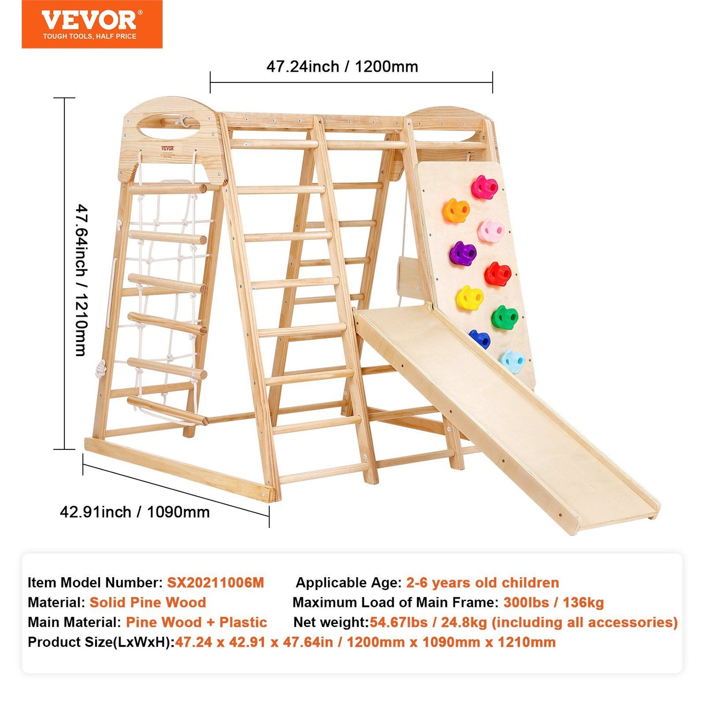 VEVOR indoor jungle gym for toddlers with ladder, slide, and climbing wall, dimensions 47.2 x 42.9 x 47.6 inches, wooden and durable.