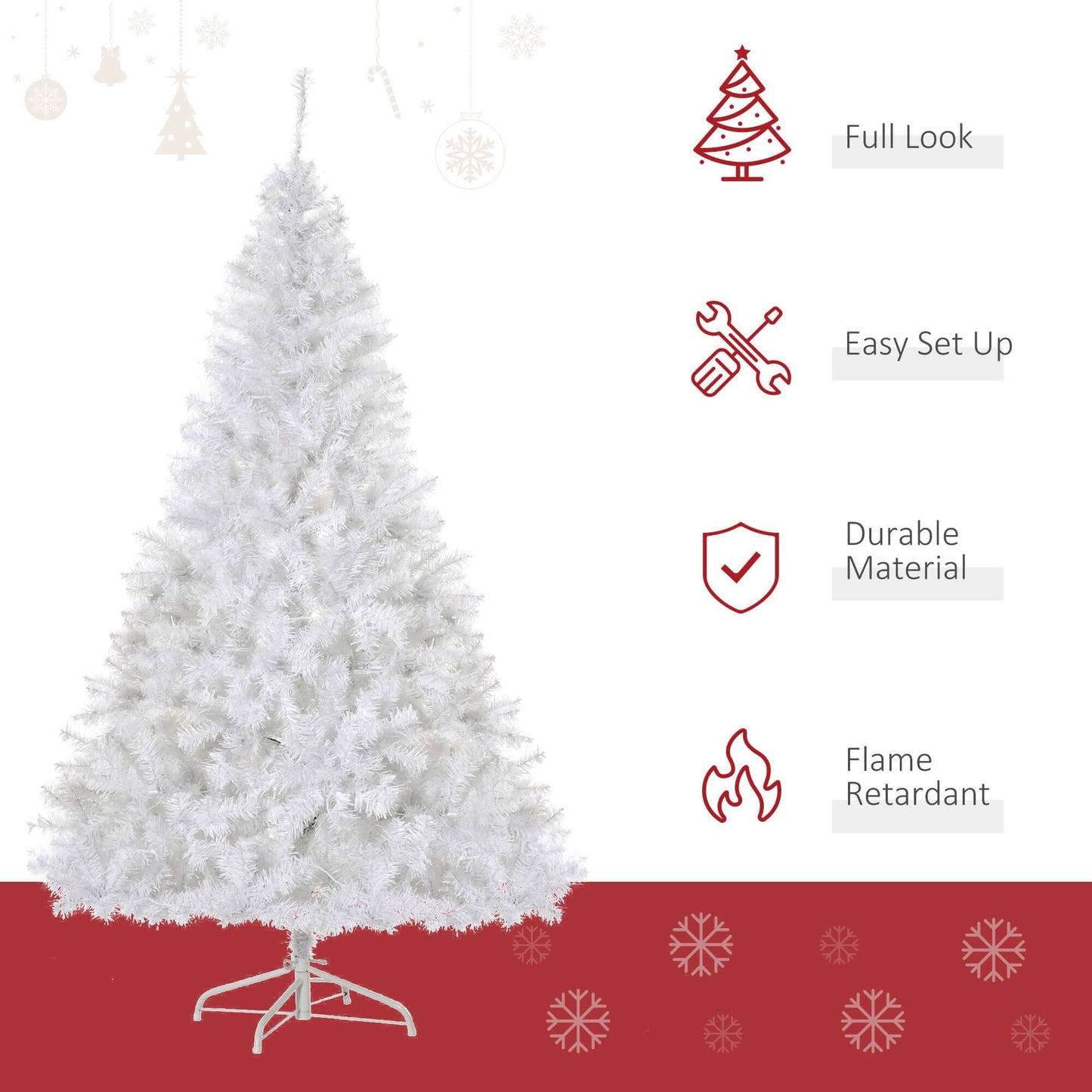White Christmas Tree - 6ft Pre-Lit with 250 Warm White LED Lights featuring full look, easy setup, durable material, and flame retardant.