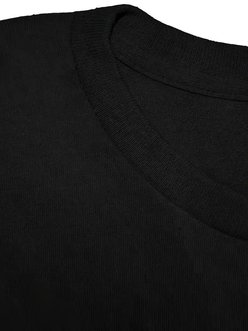 Close-up of round neck black Cotton T-shirt with double-needle stitching for durability and comfort, made in the USA.