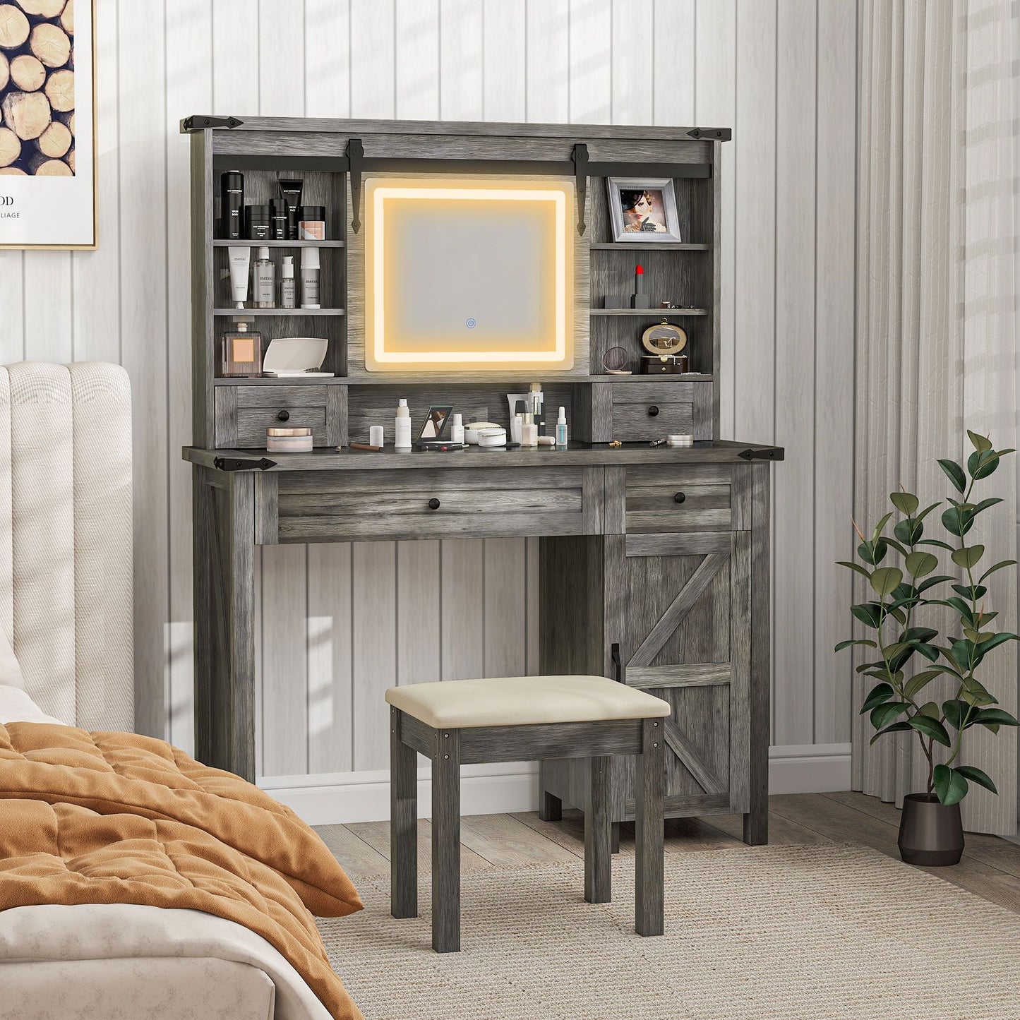 HOMCOM gray vanity desk set with LED mirror, drawers, shelves, and cushioned stool in a bedroom setting, offering stylish storage.
