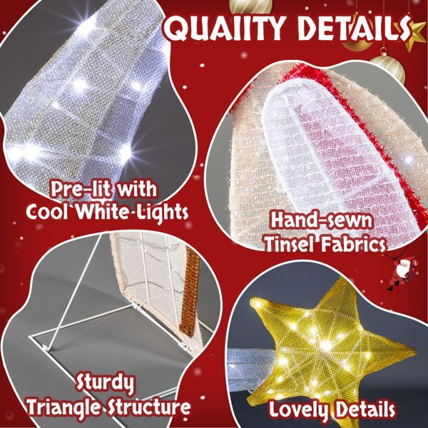 Detailed view of VINGLI Lighted 2D Nativity Scene's pre-lit LED lights, hand-sewn tinsel, sturdy structure, and lovely star detail.