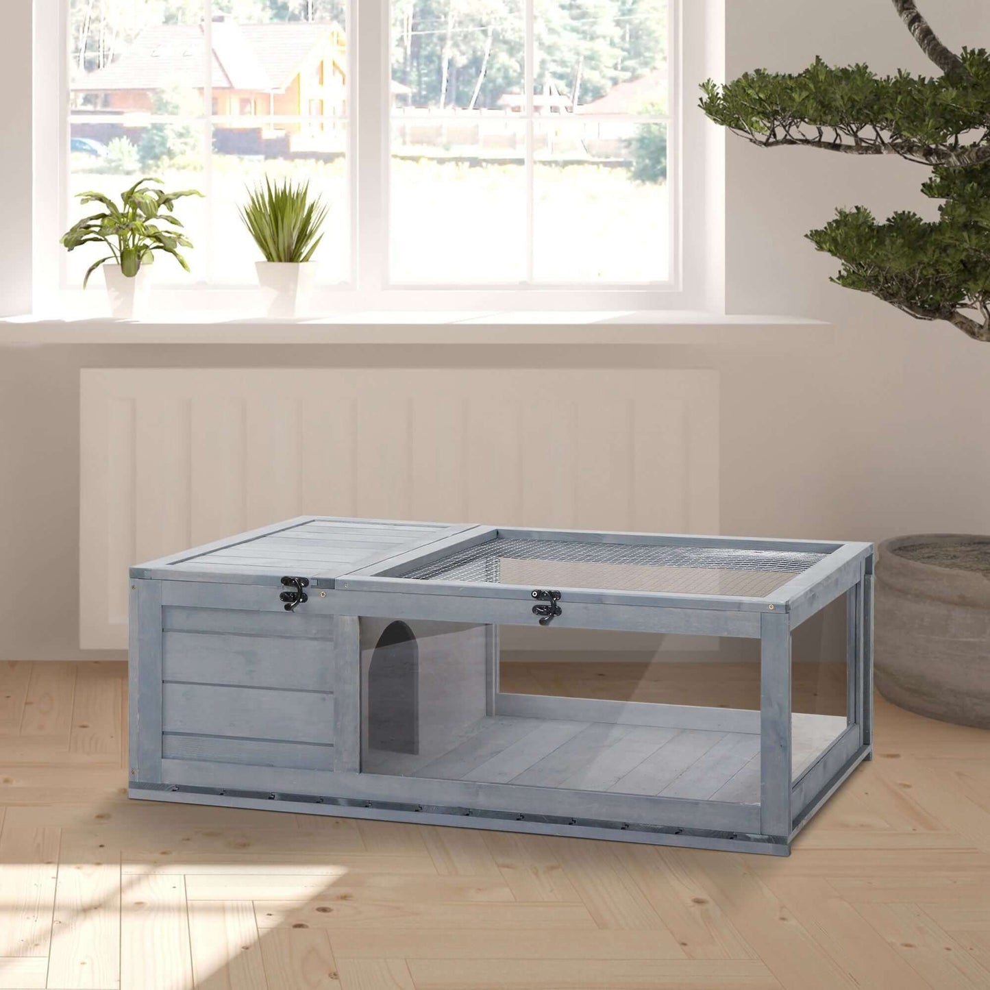 PawHut Wooden Tortoise House Indoor Turtle Habitat Enclosure Outdoor Reptile Cage Gray, perfect for reptiles.