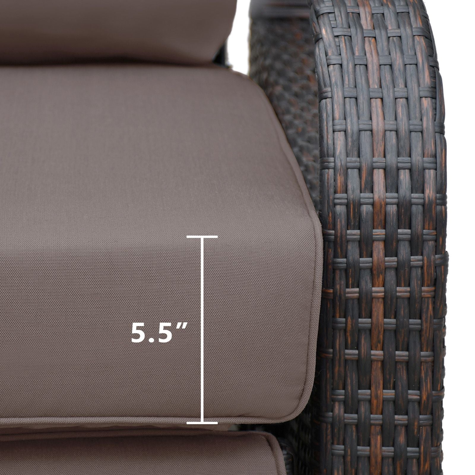 Close-up of Adjustable Wicker Recliner Chair cushion showing 5.5-inch thickness