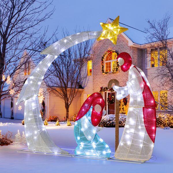VINGLI Lighted 2D Nativity Scene with 170 LED lights in a snowy outdoor setting, perfect for Christmas decorations.