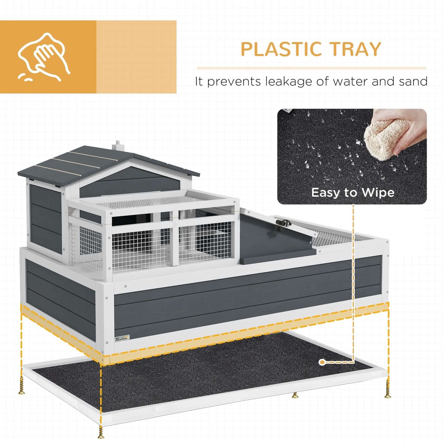 PawHut 3-Room Tortoise Habitat, Indoors & Outdoors Wooden Turtle Enclosure with Plastic Tray, Gray
