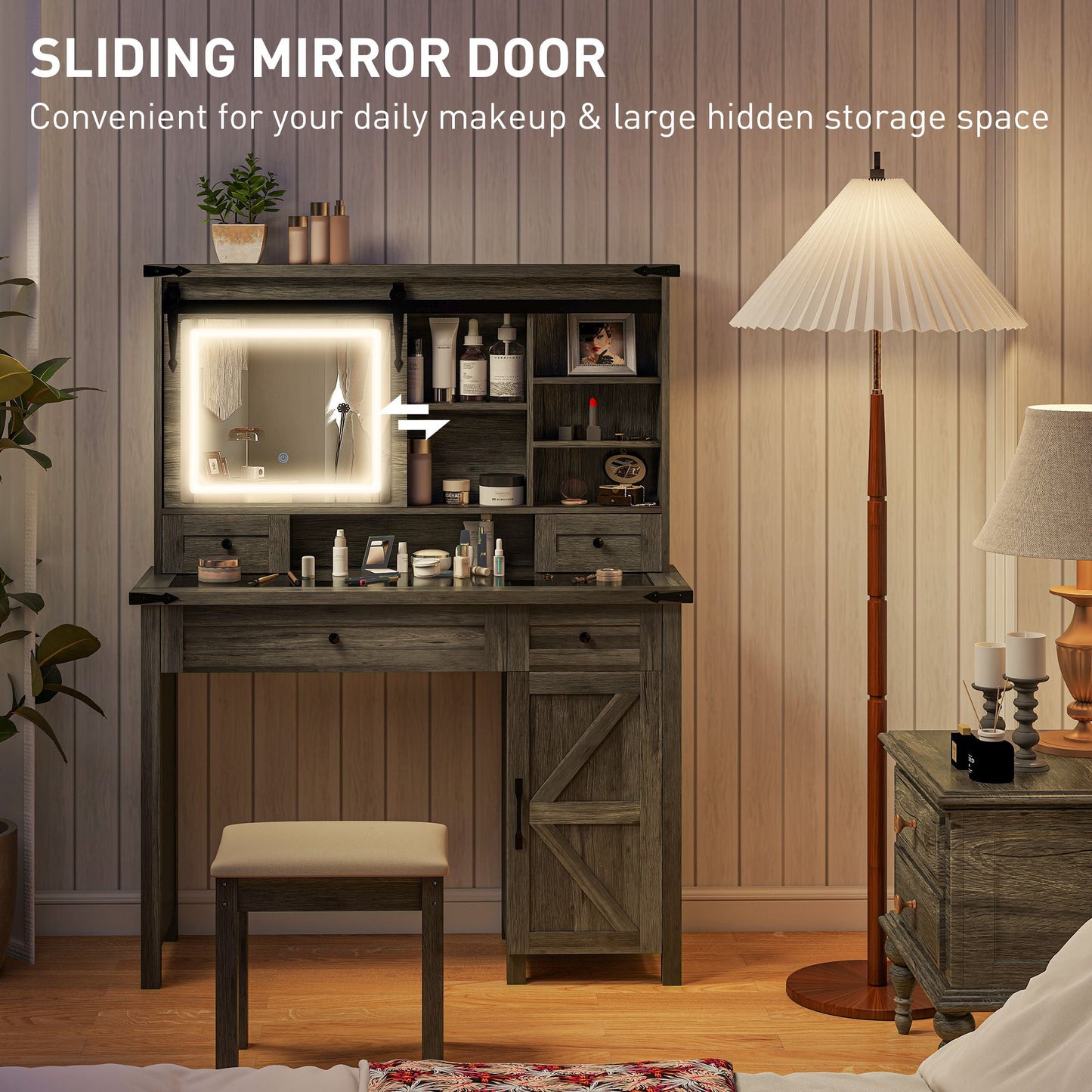 HOMCOM Vanity Desk Set with Mirror & Lights, cushioned stool, sliding mirror door, storage drawers, and shelves for bedroom, gray.