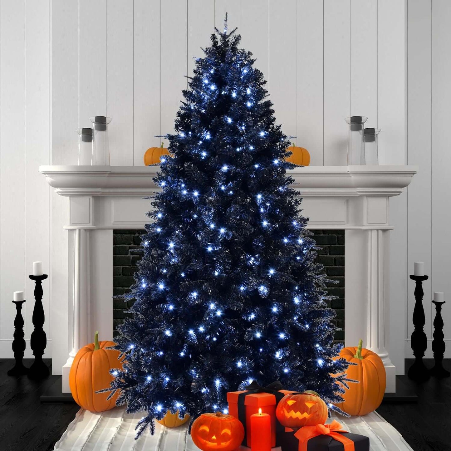 Black Christmas Tree with White LED Lights, 5ft holiday decor, modern twist with Halloween theme pumpkins and mantel setting.