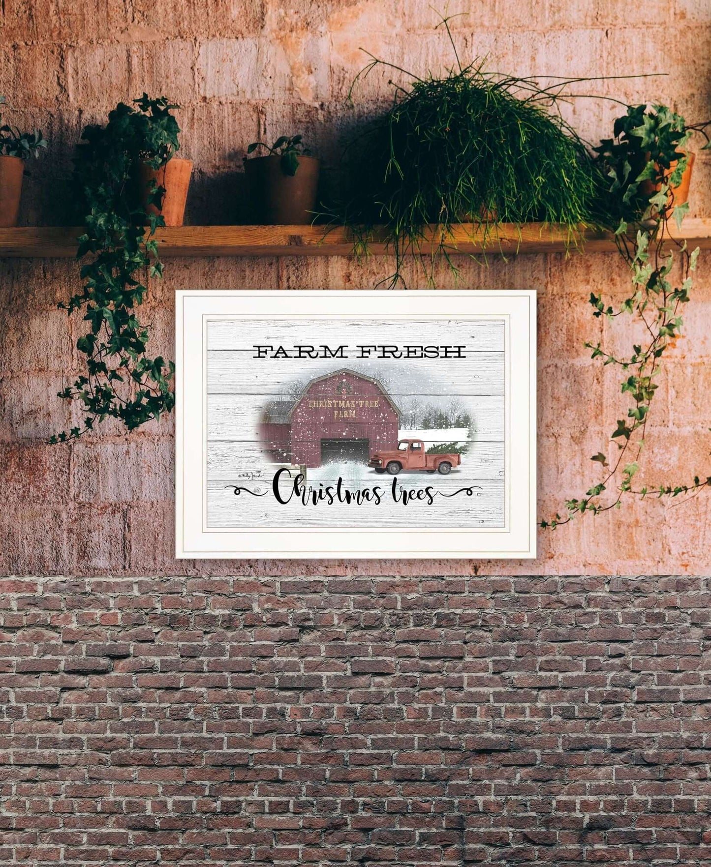 Farm Fresh Christmas Trees Billy Jacobs Print with red truck and barn in white frame on rustic wall.