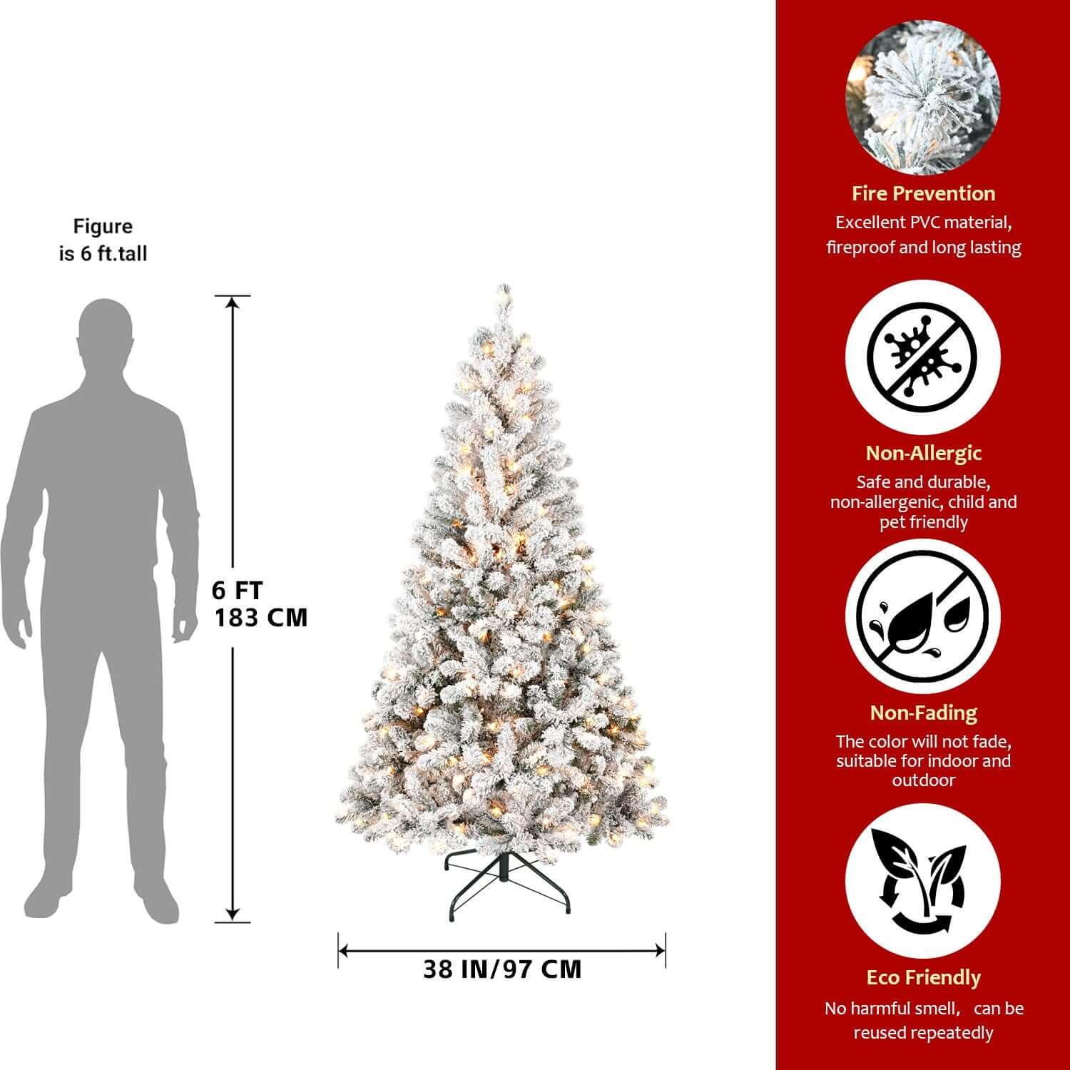 6FT Pre Lit Flocked Christmas Tree with 250 white lights, fire prevention, eco-friendly, realistic design, ideal for indoor decoration.