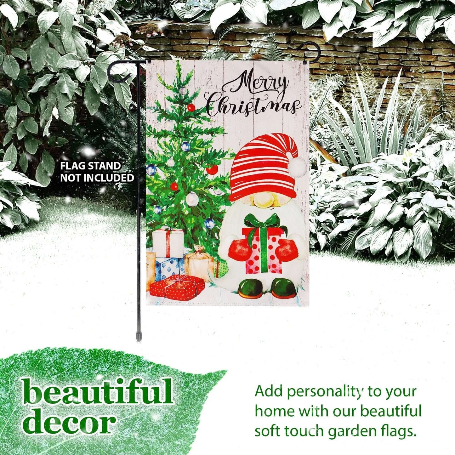 Christmas Garden Flag with Santa Gnome design, 12x18, double-sided outdoor decoration featuring festive gifts and Christmas tree.