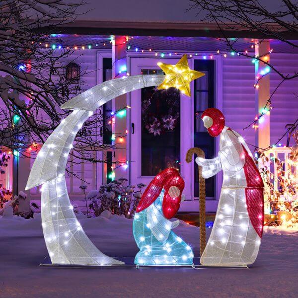 VINGLI Lighted 2D Nativity Scene with 170 LED lights, outdoor Christmas decor displayed in snowy garden, celebrating holiday spirit.