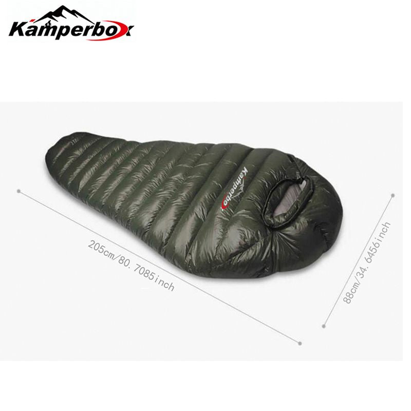 Kamperbox Outdoor Camping Down Sleeping Bag, waterproof, windproof, lightweight, grey duck down filling, winter warm for cold environments.