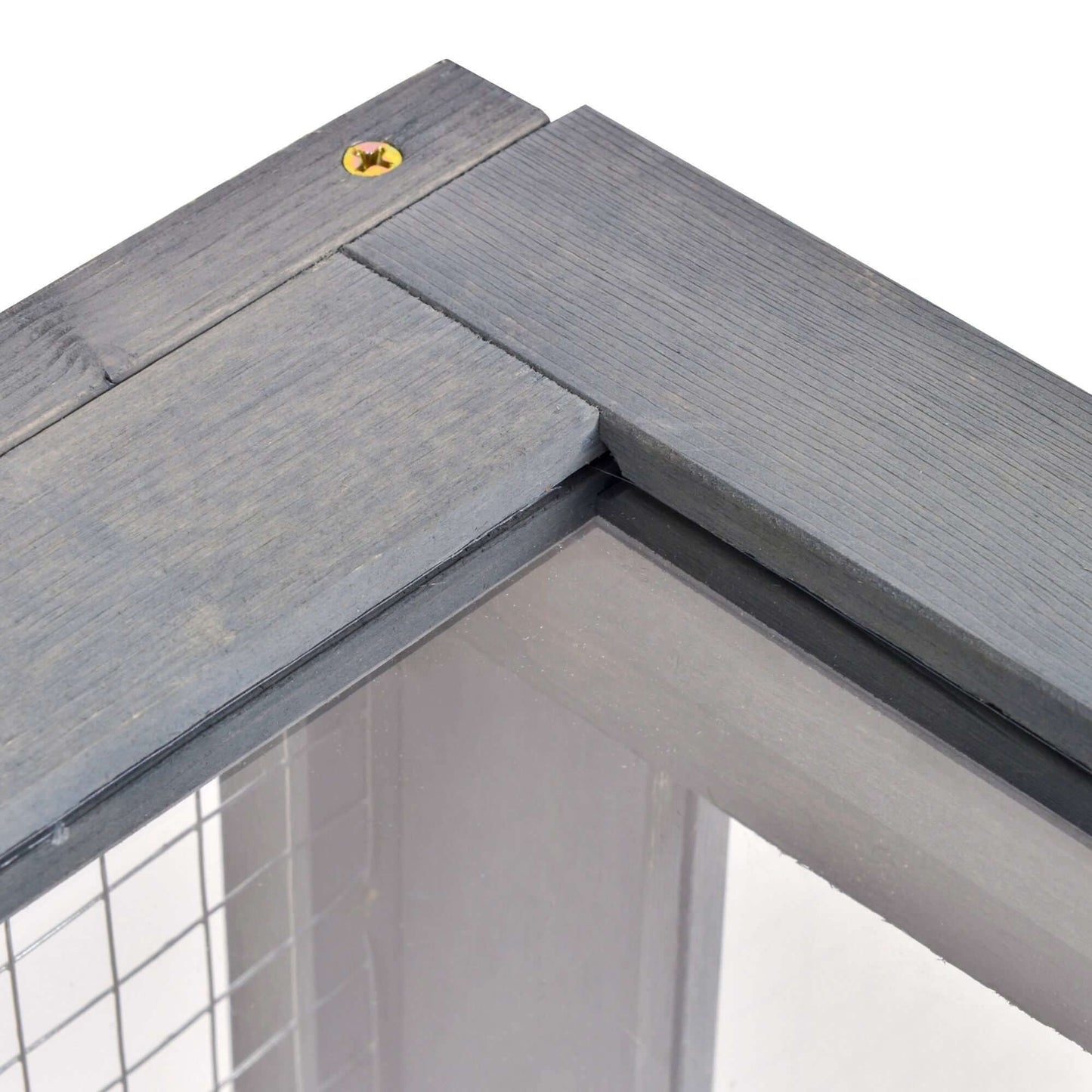 Close-up of the PawHut Wooden Tortoise House Indoor Turtle Habitat Enclosure Outdoor Reptile Cage Gray corner detail