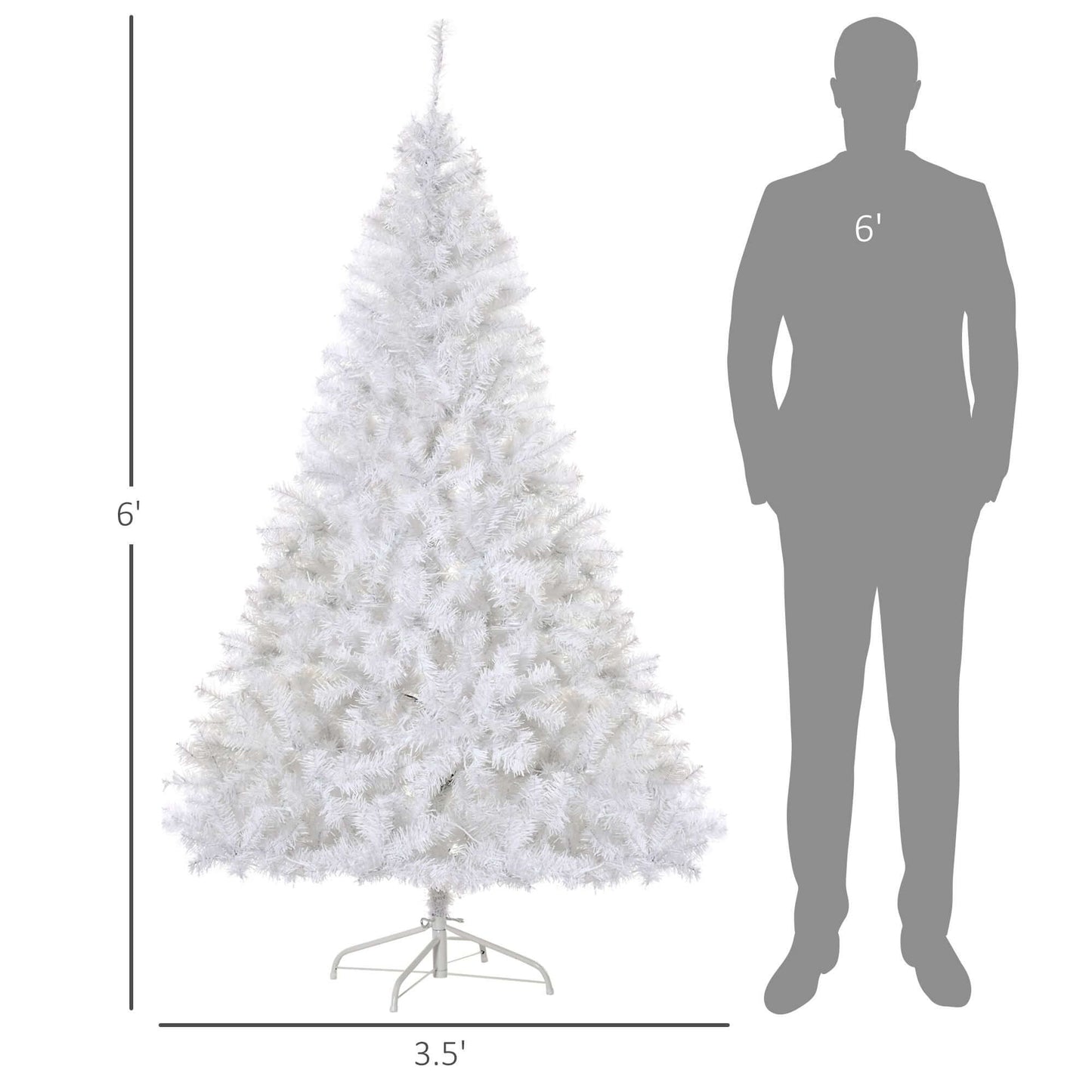 White Christmas Tree - 6ft Pre-Lit with 250 LED lights, comparison with 6ft person for scale
