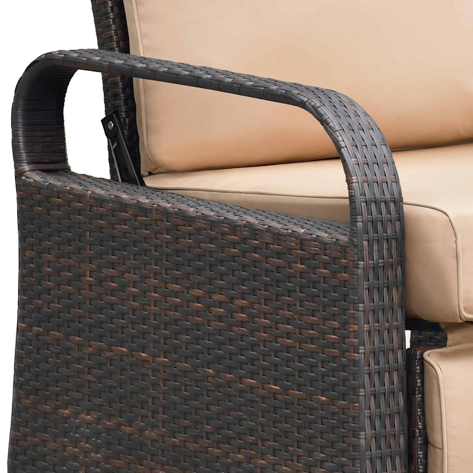 Close-up of an Adjustable Wicker Recliner Chair with armrest and beige cushion, showcasing its elegant wicker design and premium materials.