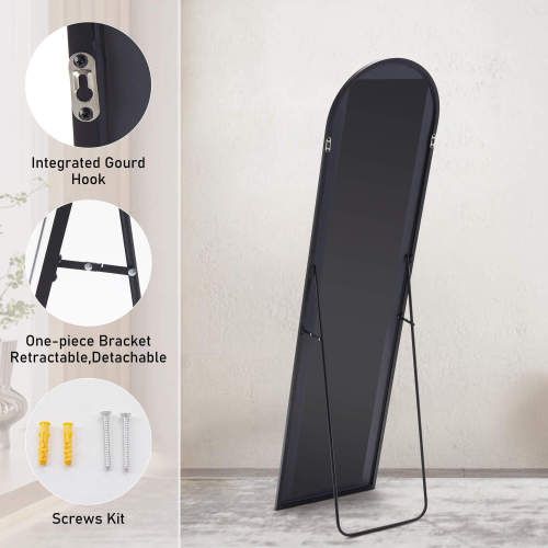 Floor standing mirror with aluminum alloy frame, integrated gourd hook, detachable bracket, and screws kit, 21x64 inches.
