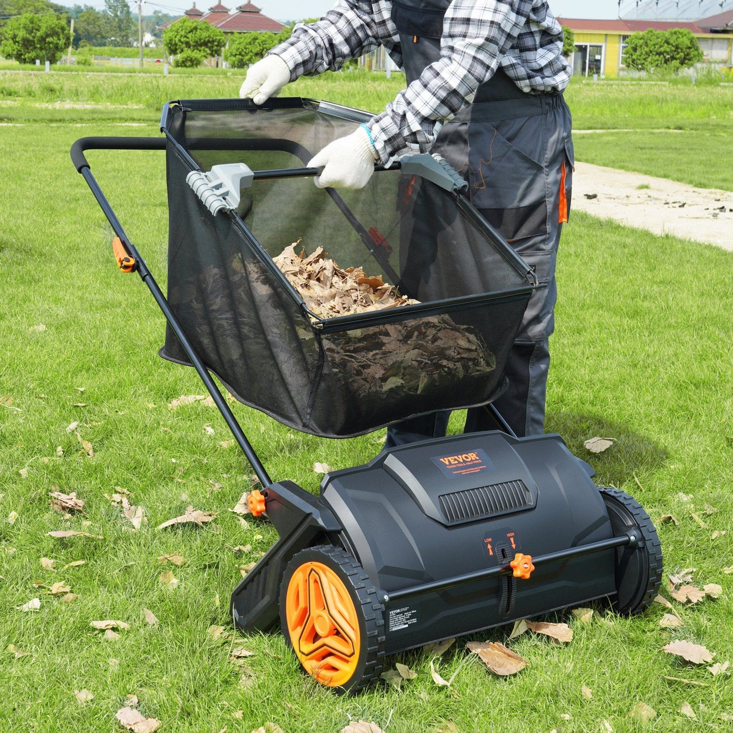 VEVOR Push Lawn Sweeper with 21-inch width picks leaves with large 3.5 cu. ft. mesh hopper, featuring adjustable height and thickened brushes.