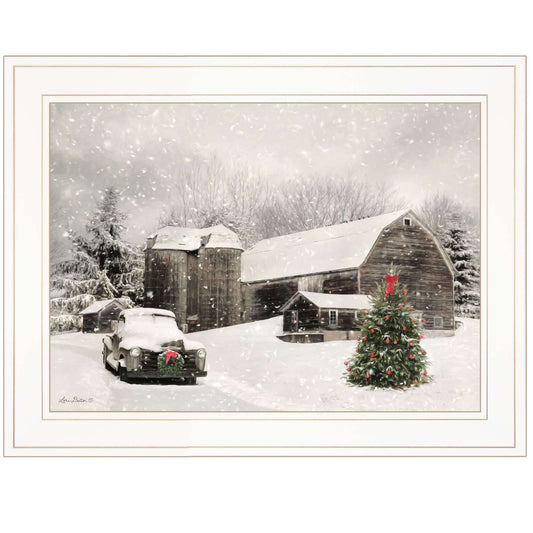 Trendy Decor 4U Farmhouse Christmas Framed Wall Art featuring rustic winter scene with barn and decorated Christmas tree by Lori Deiter