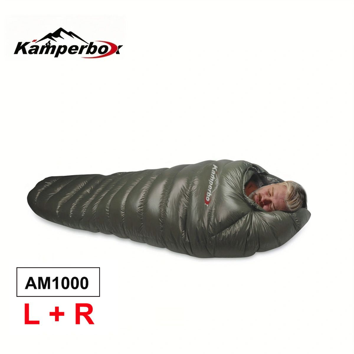 Kamperbox outdoor down sleeping bag, warm, waterproof, windproof, ideal for winter camping, lightweight grey duck down insulation.
