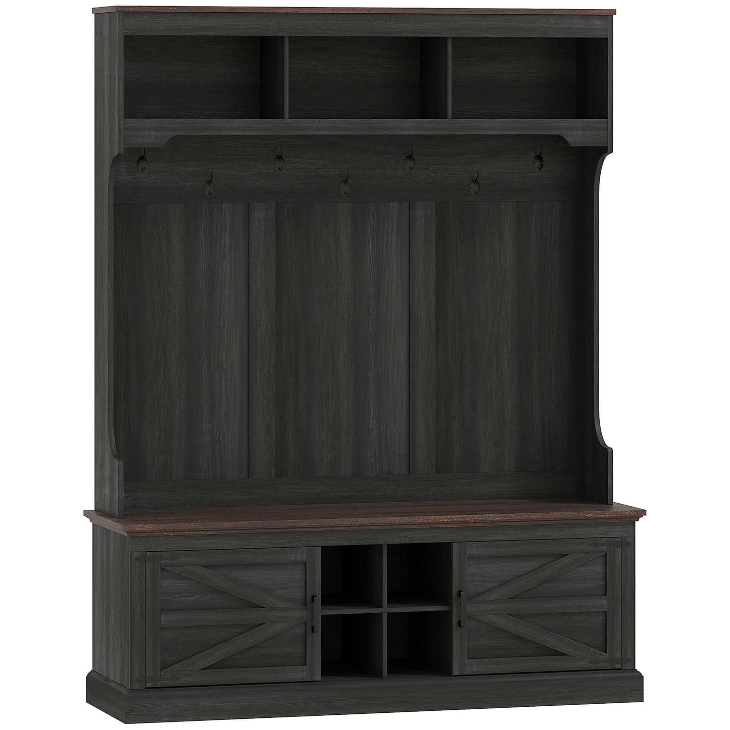 Black wood grain HOMCOM 3-in-1 hall tree with shoe storage, coat rack, and bench, perfect for farmhouse entryway organization.