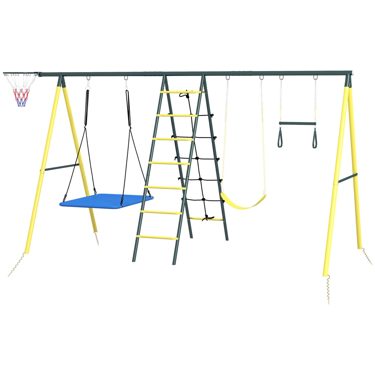 Outsunny 5-in-1 yellow swing set with nest swing, climbing net, gym rings, basketball hoop for kids' backyard fun. 440lbs capacity, ages 3-8.