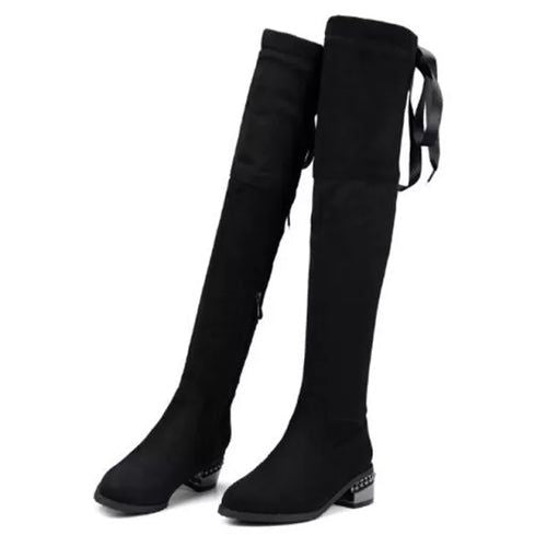 Fashion Square Over Knee Boots with square toe and bandage detail for stylish winter wear