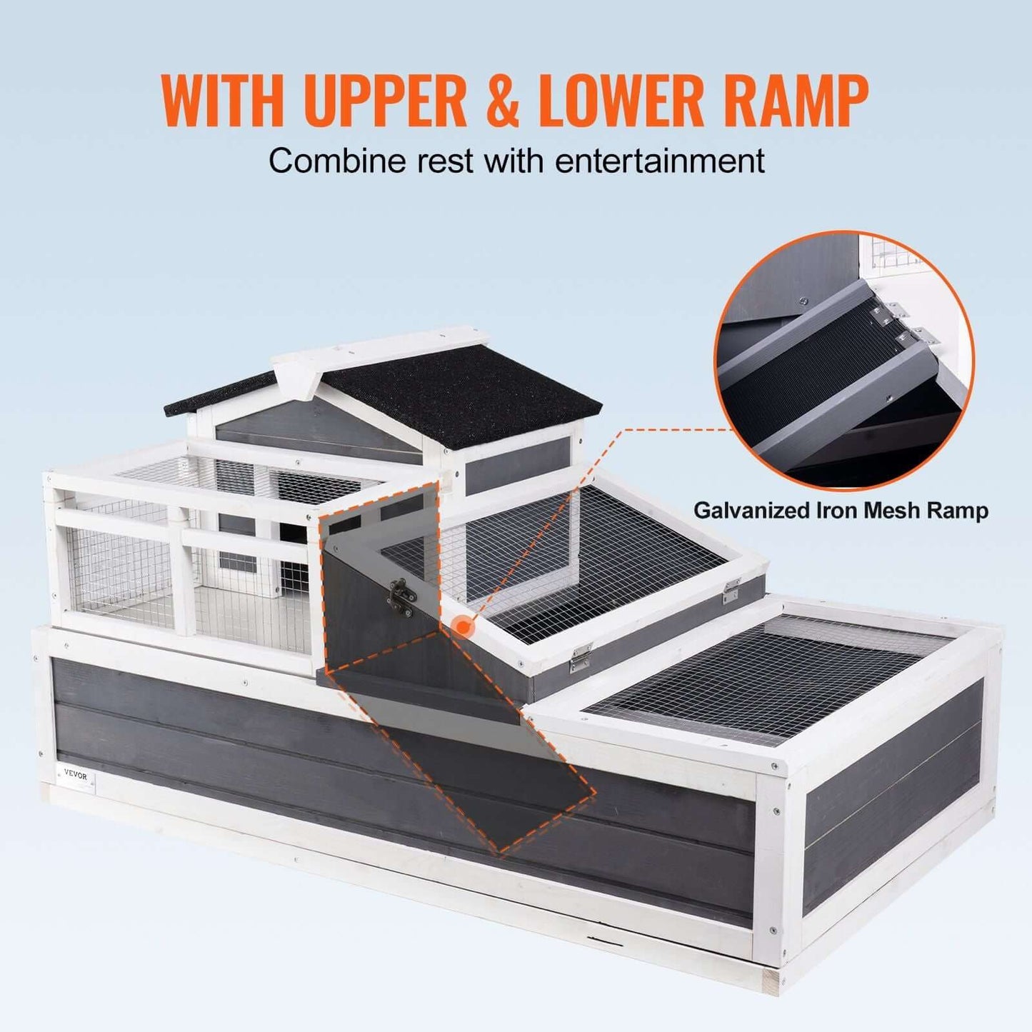 VEVOR Tortoise Habitat Wooden Tortoise House Indoor/Outdoor 3-Room 44x25.6x24in with upper and lower metal ramps