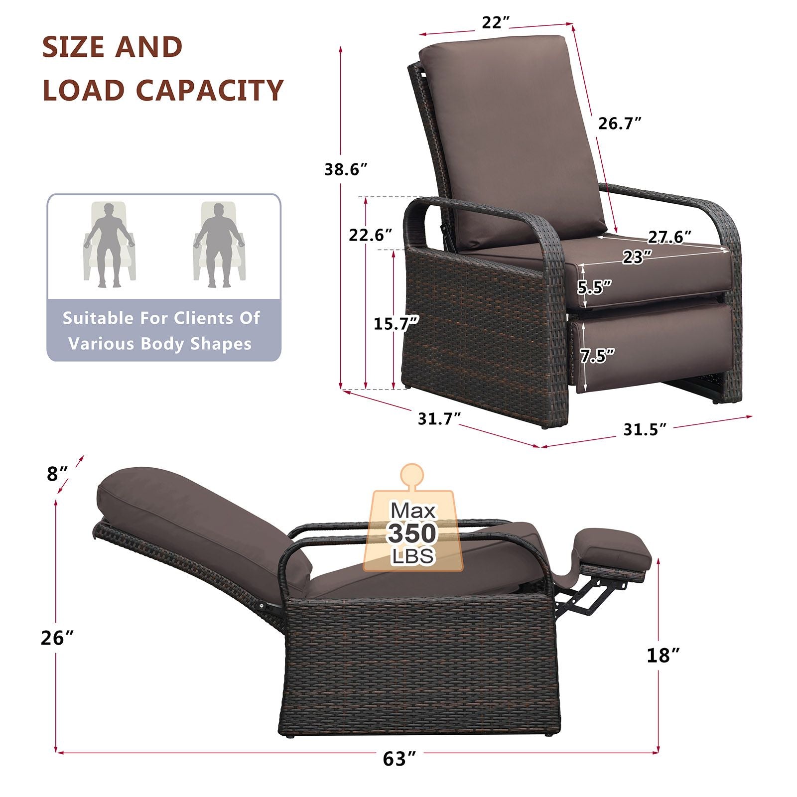 Adjustable Wicker Recliner Chair dimensions and weight capacity