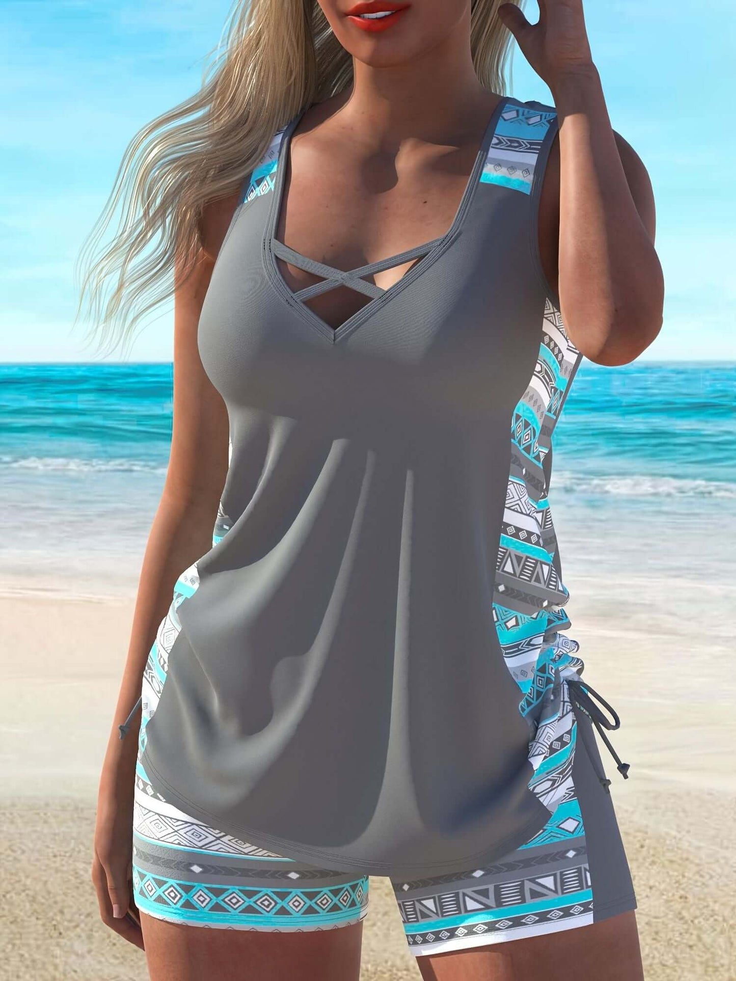 Alt Tag: Women's Split Large Sport Tankini Swimsuit Set with Wide Shoulder Straps by The Tabby Spot - Quick Drying, Elegant Design