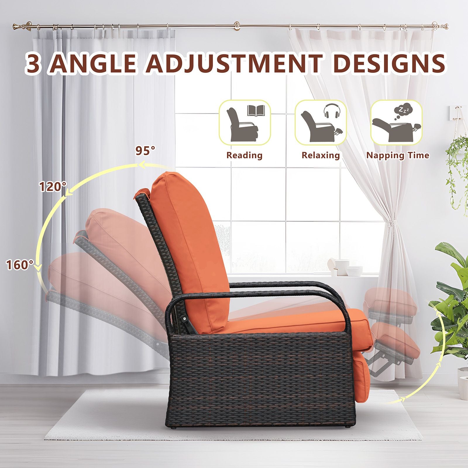 Adjustable Wicker Recliner Chair showing three angle settings for reading and relaxing.