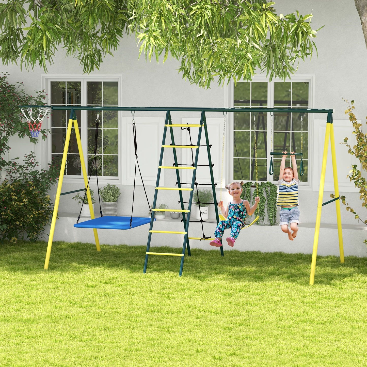 Alt Tag: Outsunny 5-in-1 Heavy Duty Metal Swing Set in yellow with swings, climbing steps, basketball hoop, and kids playing in the backyard.
