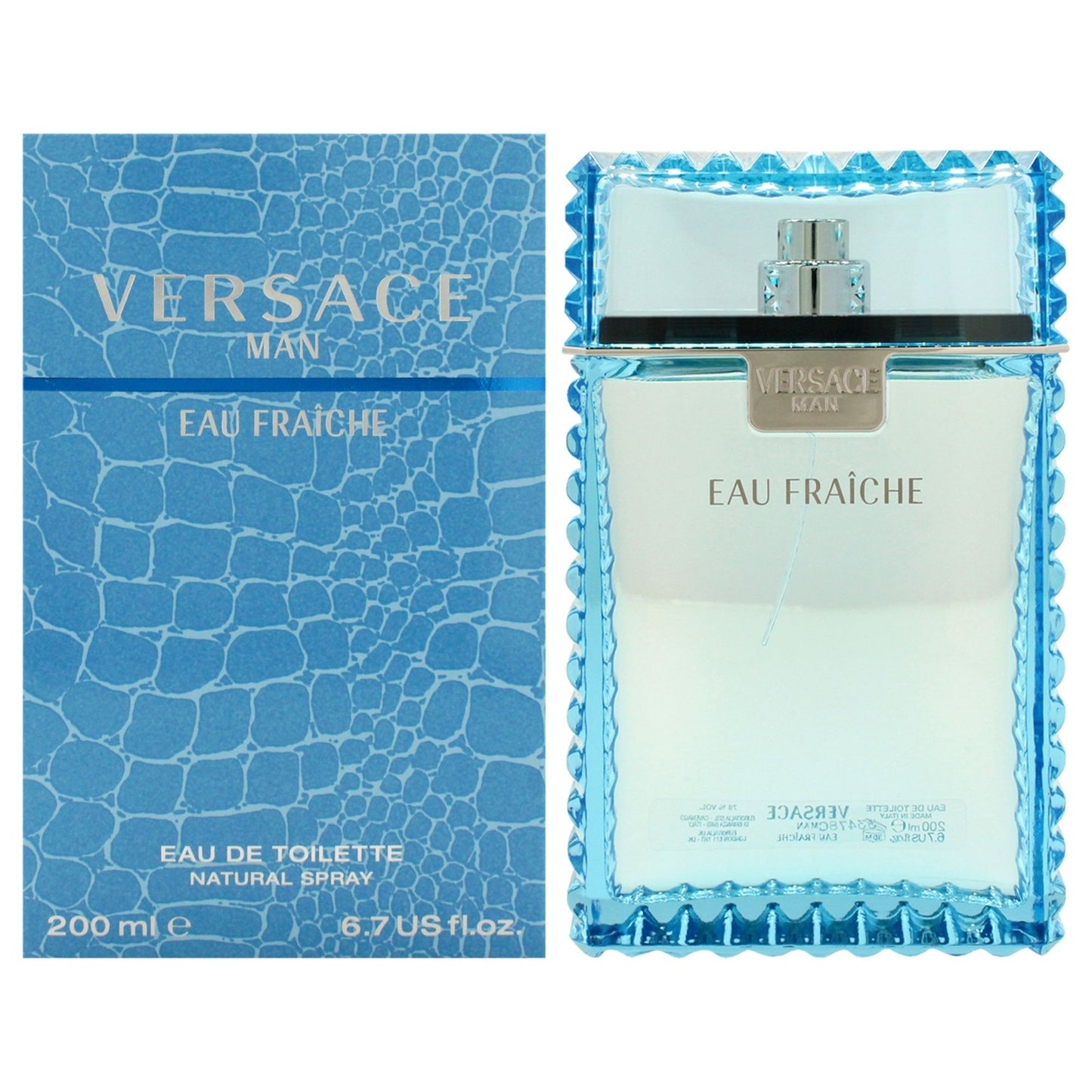 Versace Man Eau Fraiche for Men 6.7 oz EDT Spray bottle and packaging, featuring a blue crocodile pattern box, luxury fragrance for men.