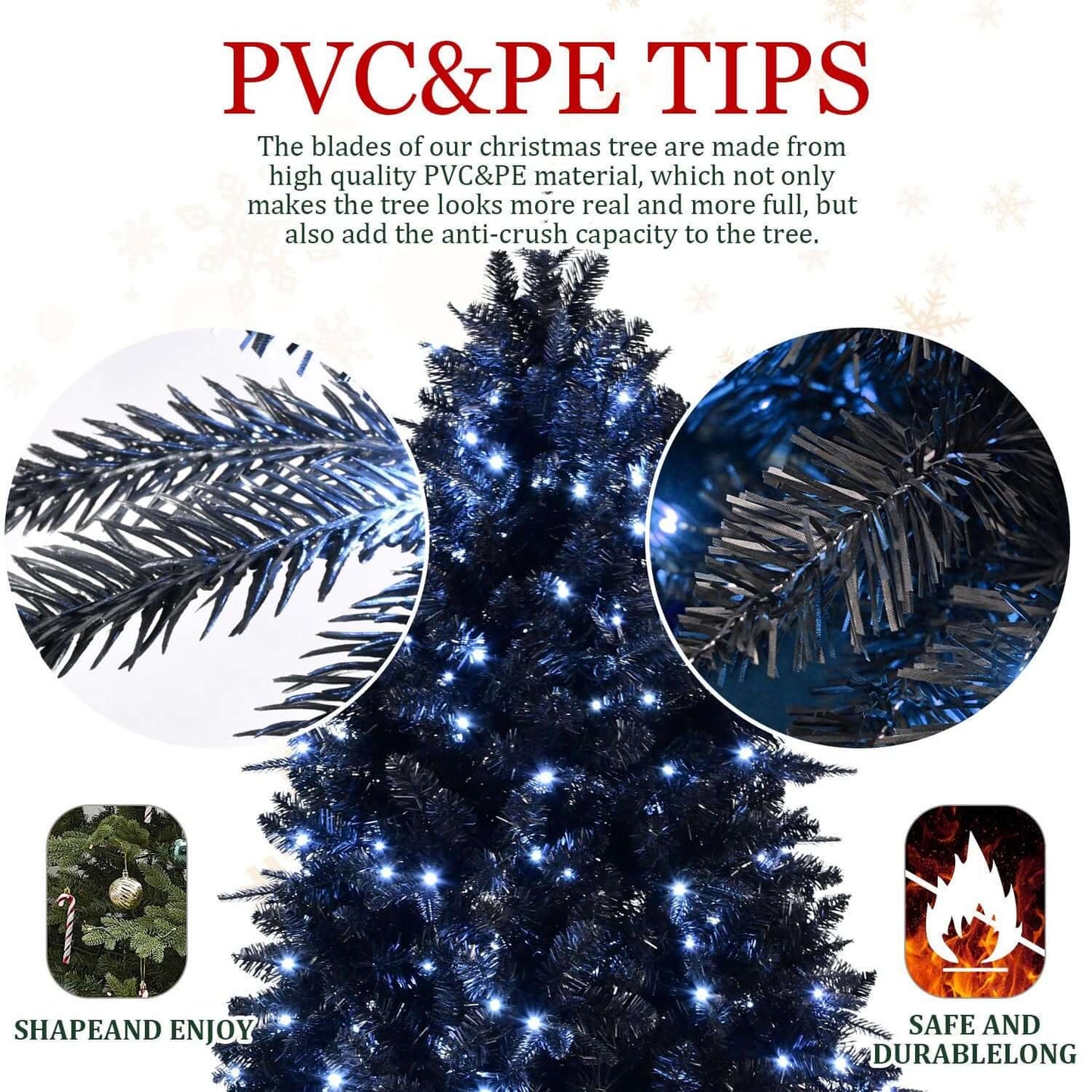 Black Christmas Tree with White LED Lights featuring durable PVC & PE blades for realistic and full appearance, 5ft holiday decor.