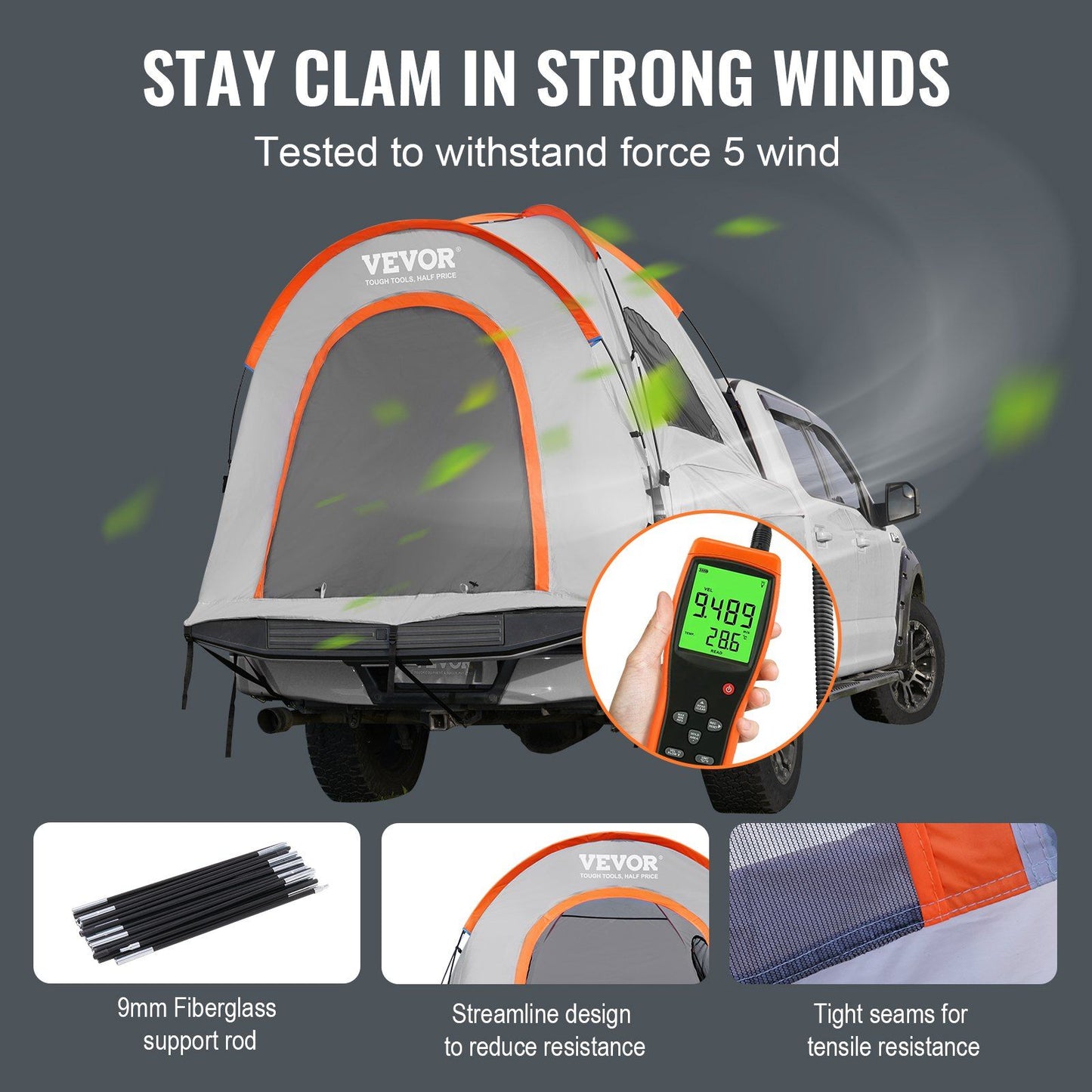 VEVOR truck bed tent on pickup truck with wind resistance features, fiberglass support rods, and durable seams, showcasing outdoor durability.