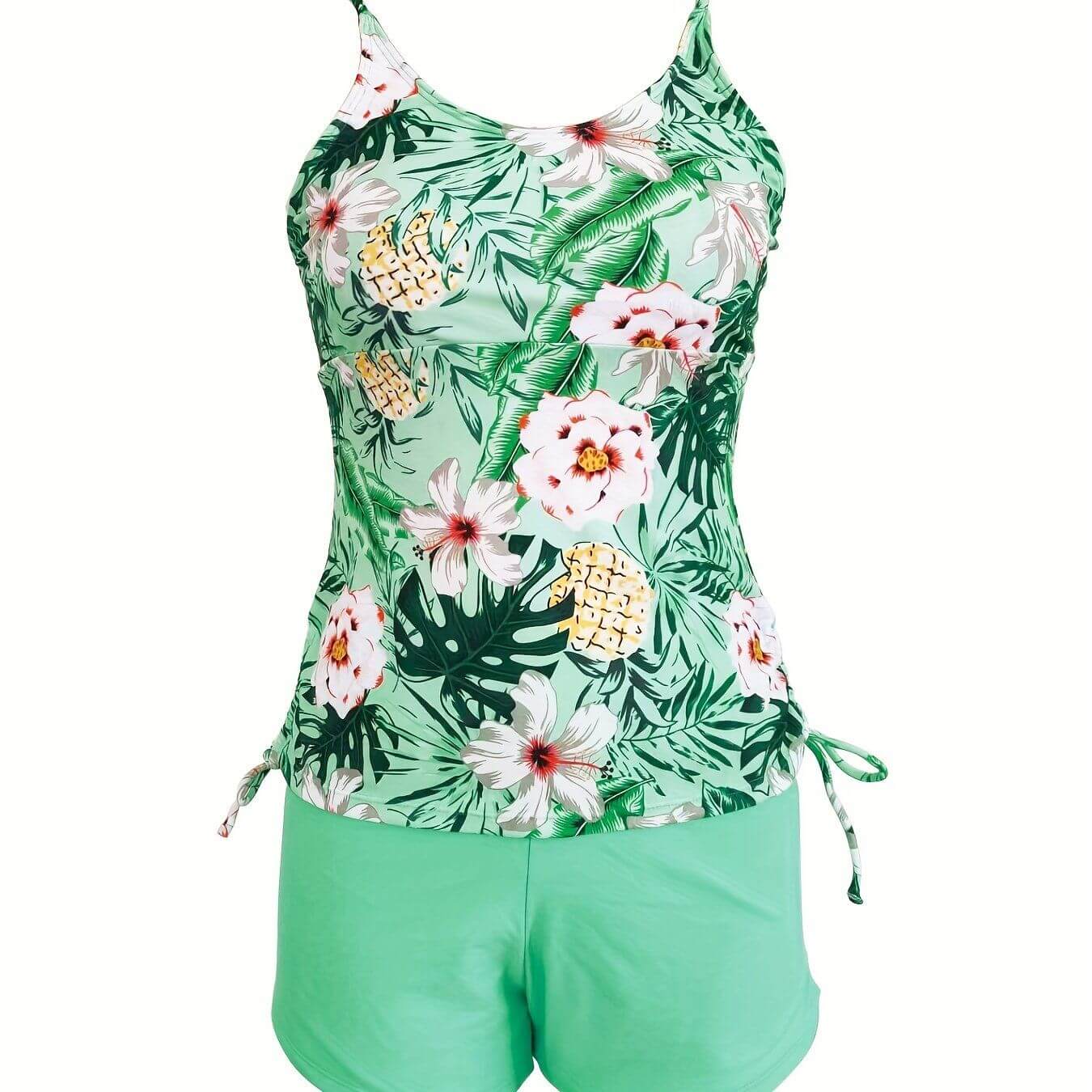 Floral print drawstring tankini set with solid color shorts, women's swimwear by The Tabby Spot. Perfect for beach days.