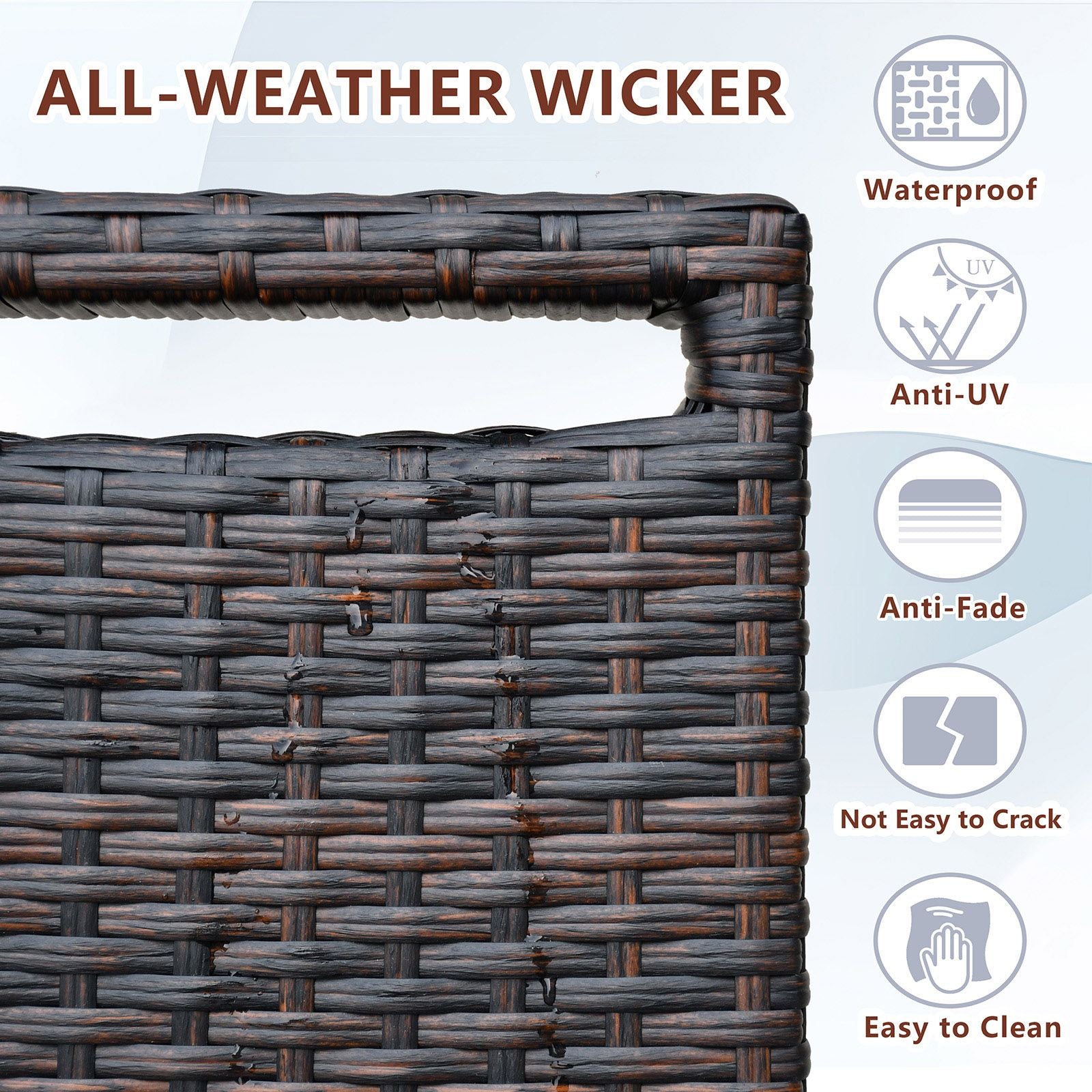 Close-up of all-weather wicker used in the Adjustable Wicker Recliner Chair, highlighting waterproof, anti-UV, and easy-to-clean features.