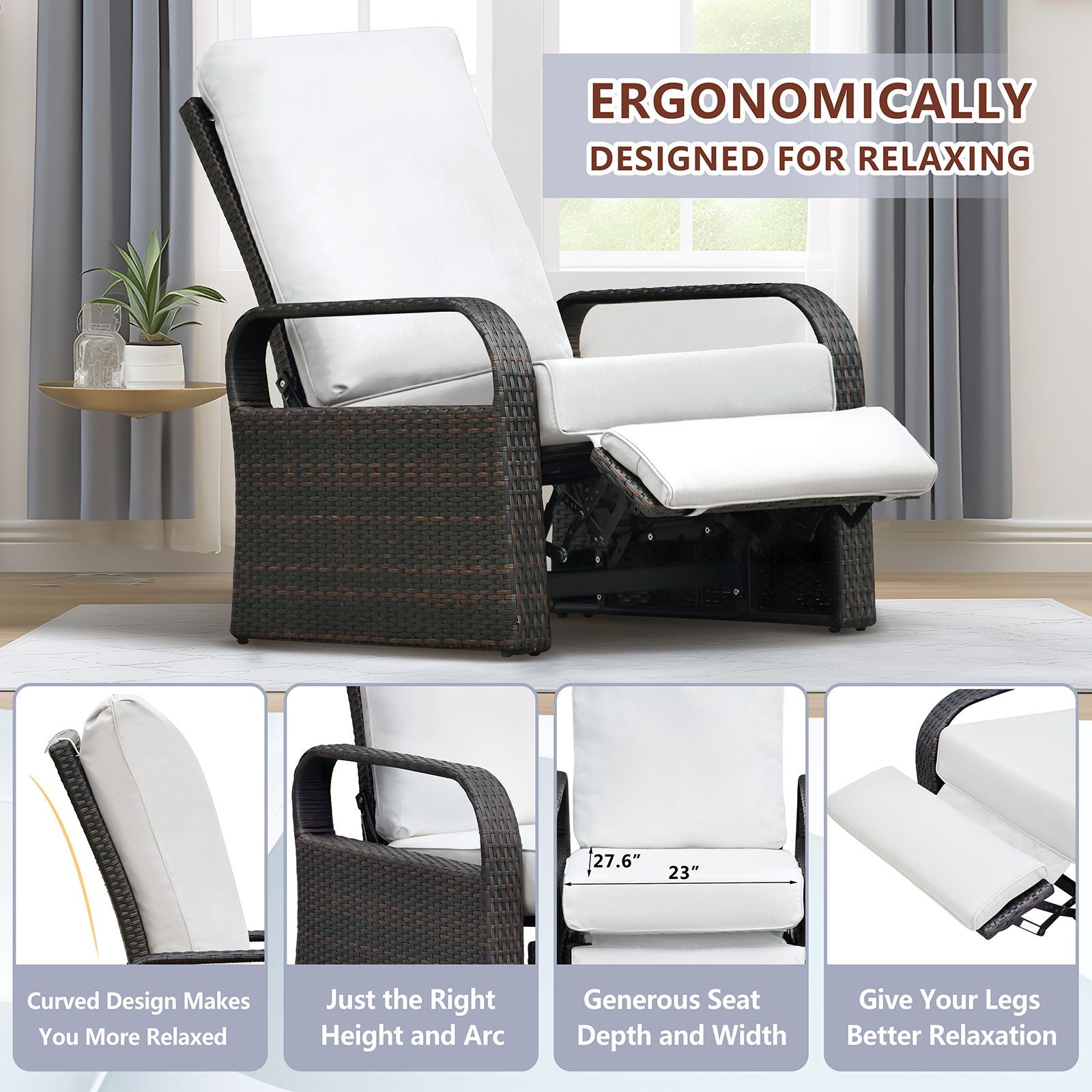 Adjustable Wicker Recliner Chair with ergonomic design, perfect for relaxing outdoors. Reclines from 90 to 160 degrees.