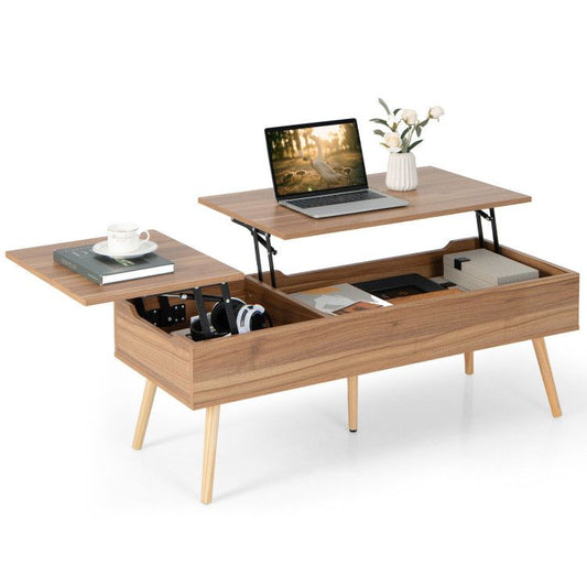 47 Inch Lift Top Coffee Table with pneumatic system, two hidden compartments, and solid wood legs, perfect for living room organization.