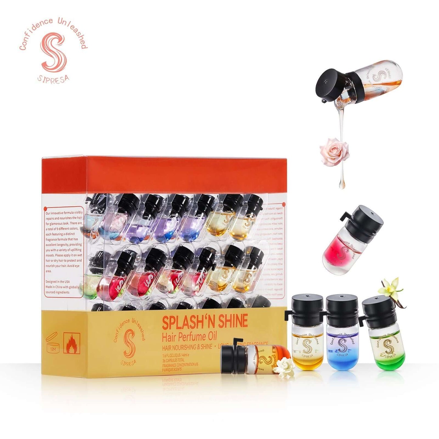 Hair Perfume Oil Travel Set with 9 unique scents for on-the-go freshness, featuring 36 single-dose capsules of plant-based oils.