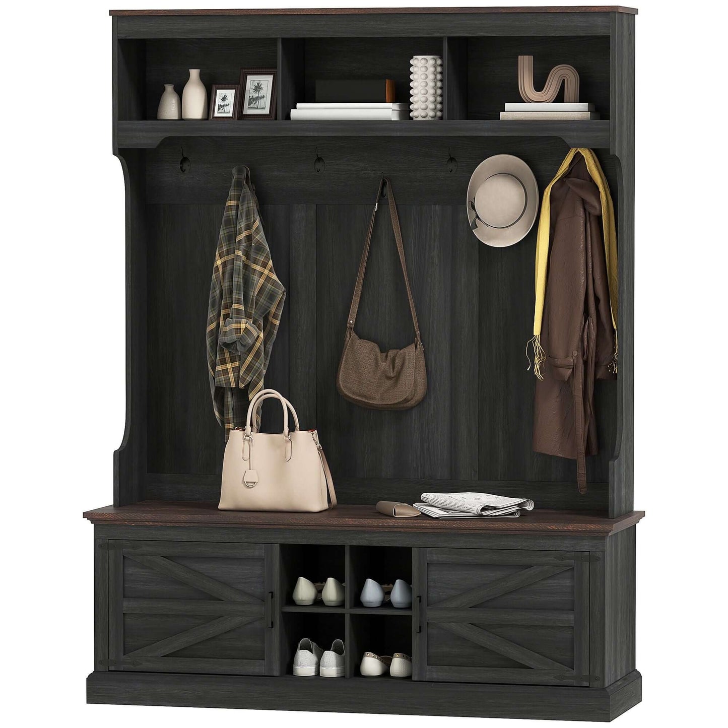 Alt Tag: HOMCOM 3-in-1 hall tree with shoe storage, black wood grain coat rack with bench, farmhouse entryway furniture with hooks.